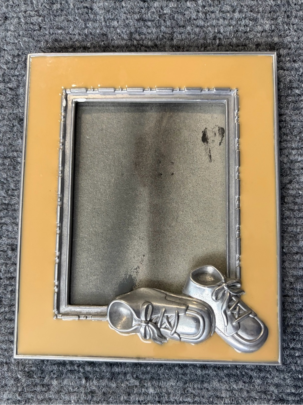Vintage Pewter Baby Shoes Photo Frame Yellow Enamel Handcrafted Vietnam 5.5”